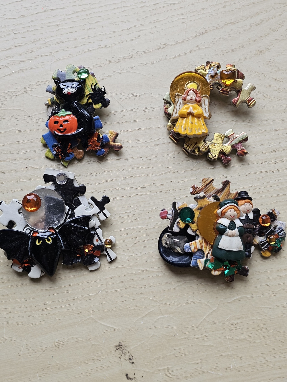 PUZZLE Festive Assorted Holiday Brooches - Black, Orange, Yellow, Green